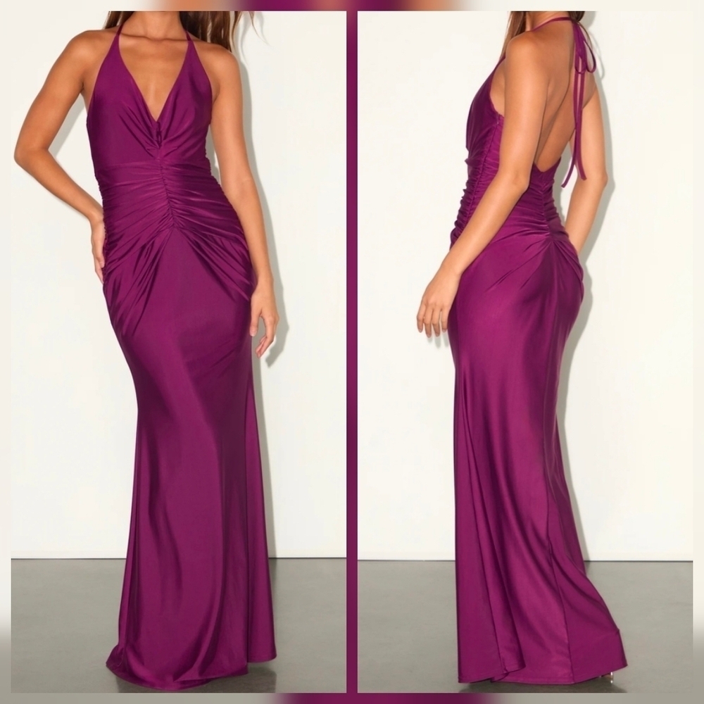 Lulus Zaniya Backless Plum Ruched Halter Maxi Dress, Size XL